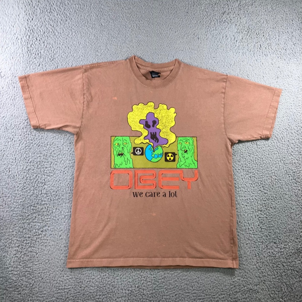Obey Graphic T-Shirt Mens L Brown We Care A Lot Surrealist Streetwear Indie‎ Tee